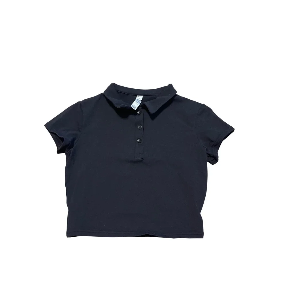 Alo Yoga Womens Black Short Sleeve Polo Shirt Athletic crop Top S W2623R I07